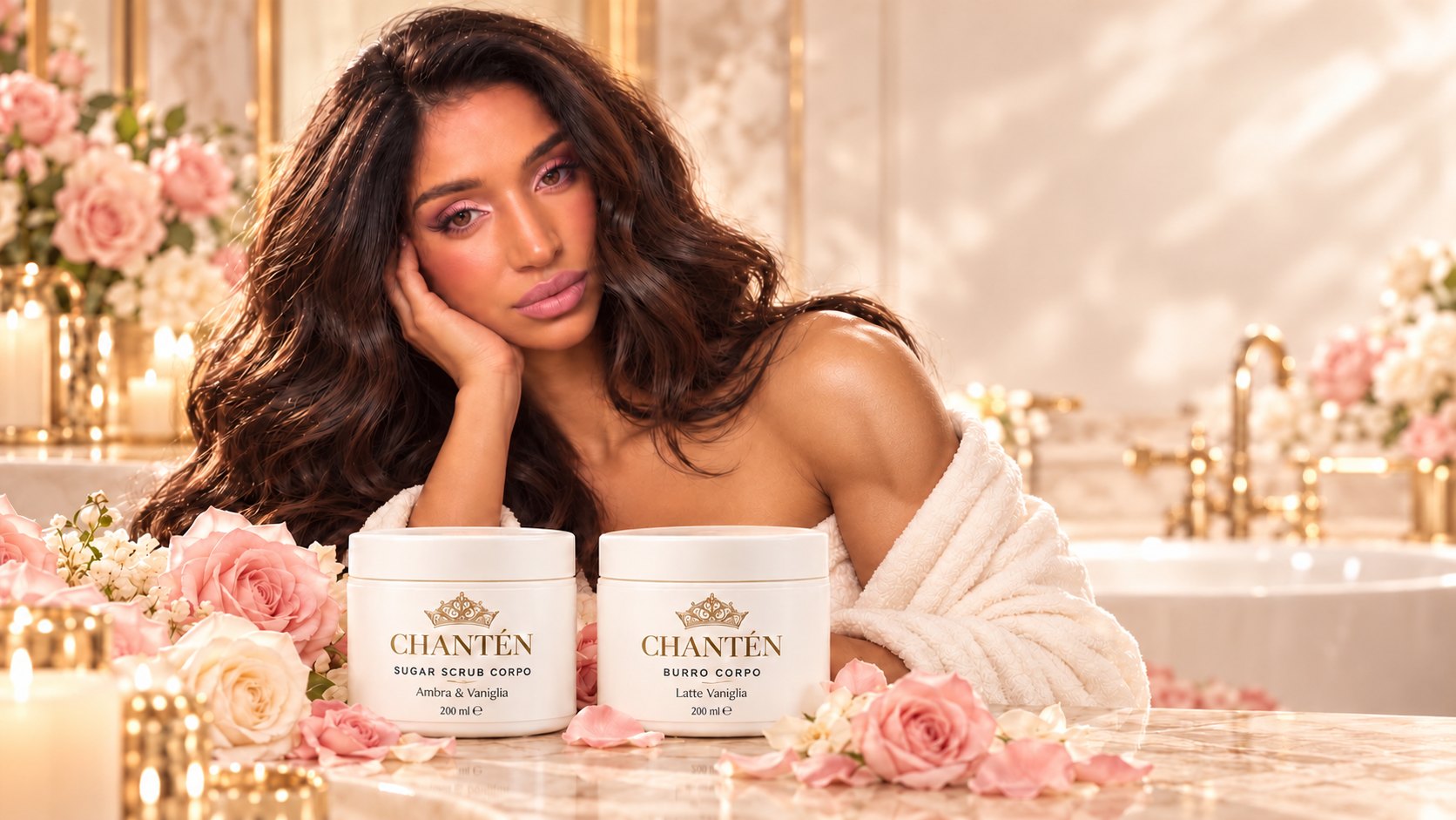 Donna in accappatoio nel bagno con il sugar scrub corpo e il burro corpo CHANTÉN