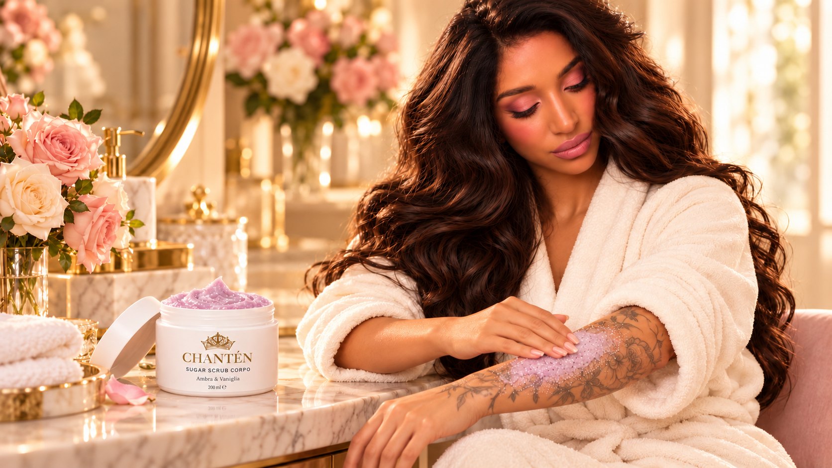 Donna in accappatoio che massaggia lo sugar scrub viola CHANTÉN sul braccio