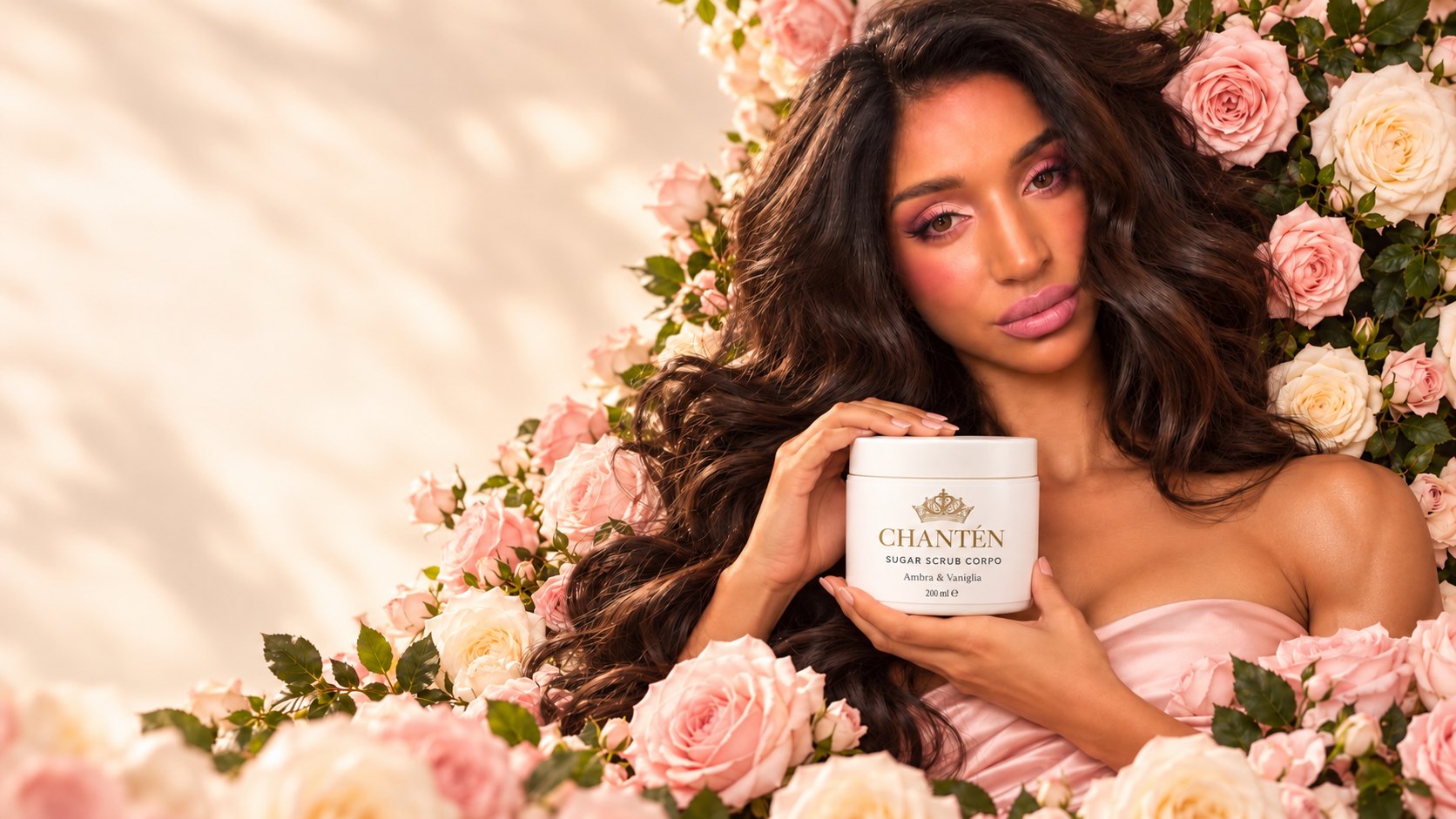 Donna tra rose rosa con il vasetto di sugar scrub CHANTÉN ambra e vaniglia