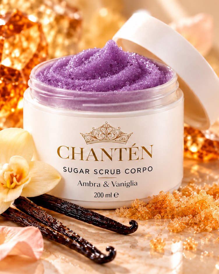 Vasetto aperto di sugar scrub corpo CHANTÉN ambra e vaniglia con la texture color violetto