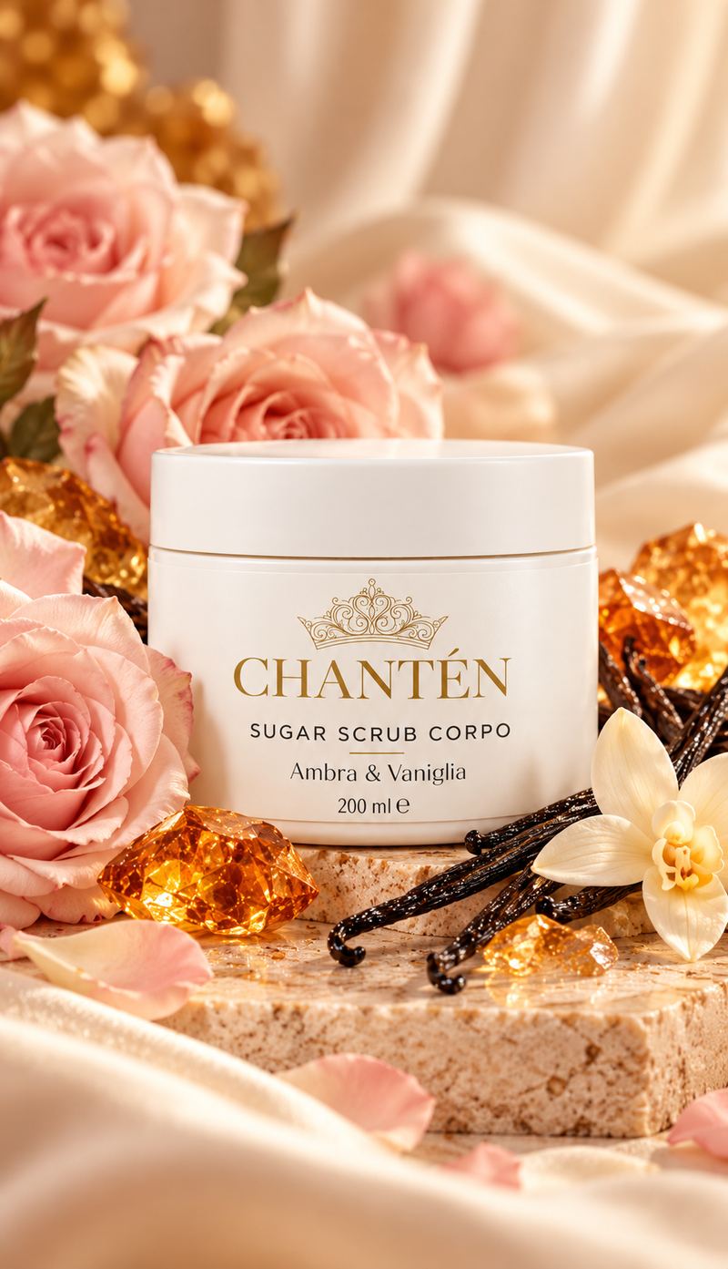 Vasetto CHANTÉN con rose rosa, cristalli d'ambra e baccelli di vaniglia